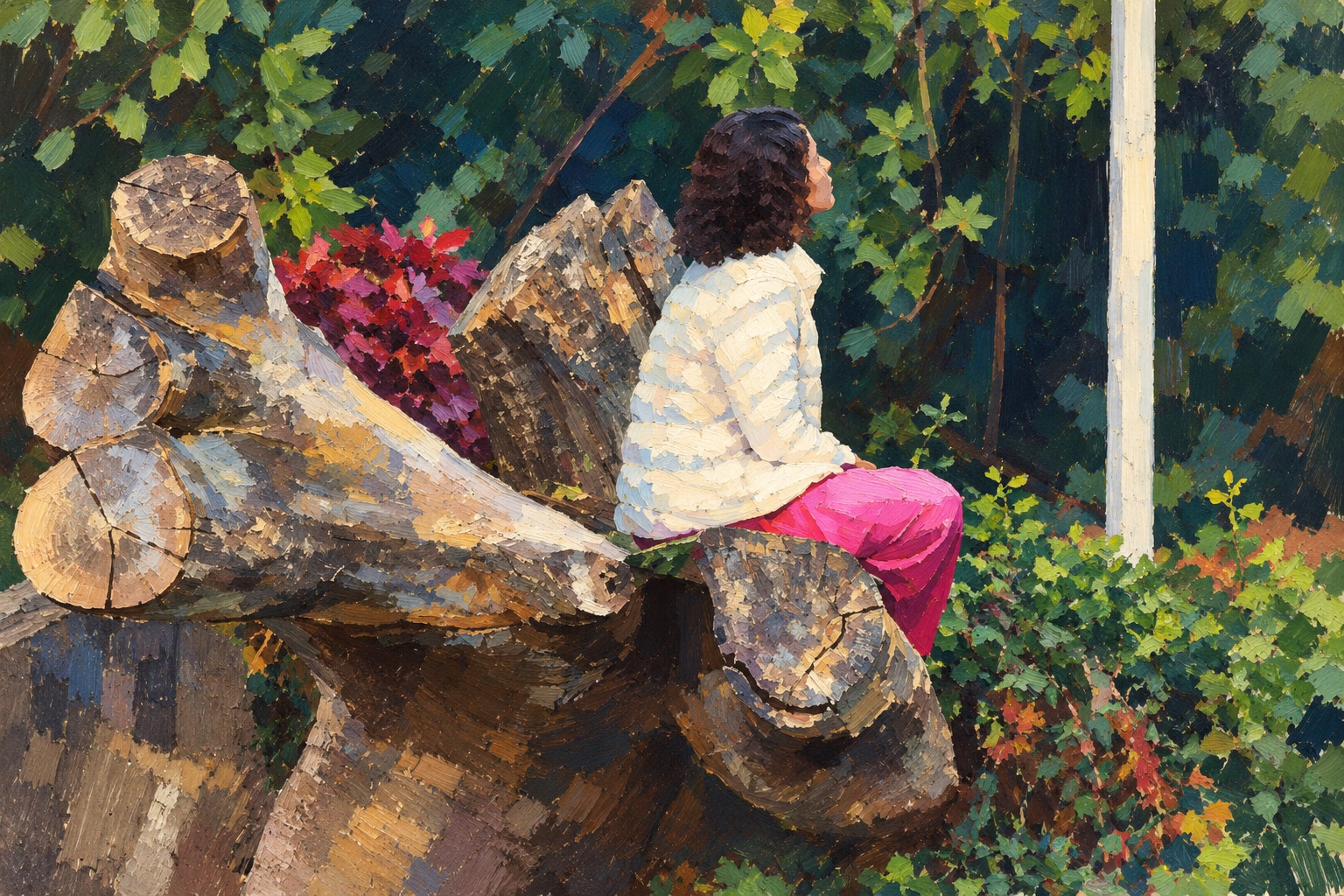 Painting of a woman in a white knit jumper seated on cut logs among red bougainvillea and dark foliage, looking up.