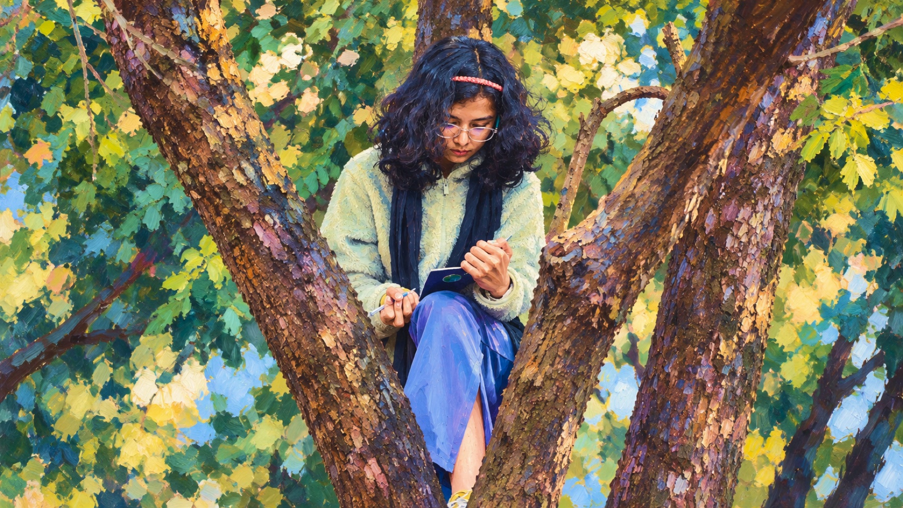 Painting of a young woman with curly hair and glasses sitting in the fork of a tree, writing in a notebook.