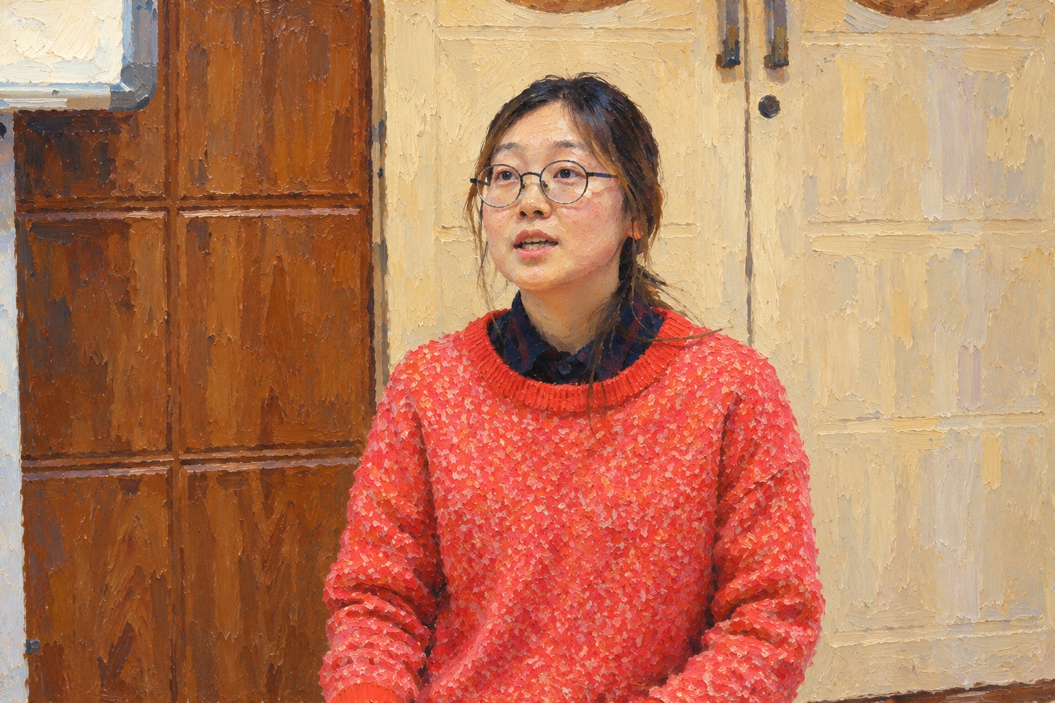 Painting of a young woman with glasses and her hair tied back, in a red knit jumper over a dark shirt, speaking, with wooden and cream-painted doors behind her.