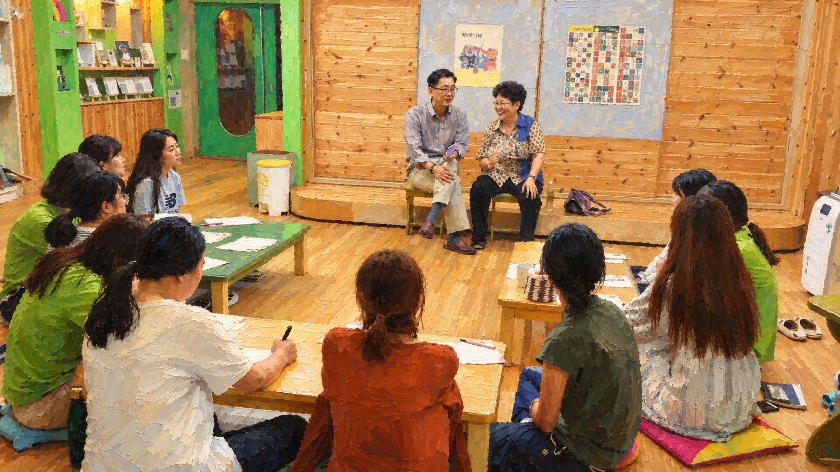 Painting of people seated at low tables in a wooden room, listening to a man and a woman talking at the front.