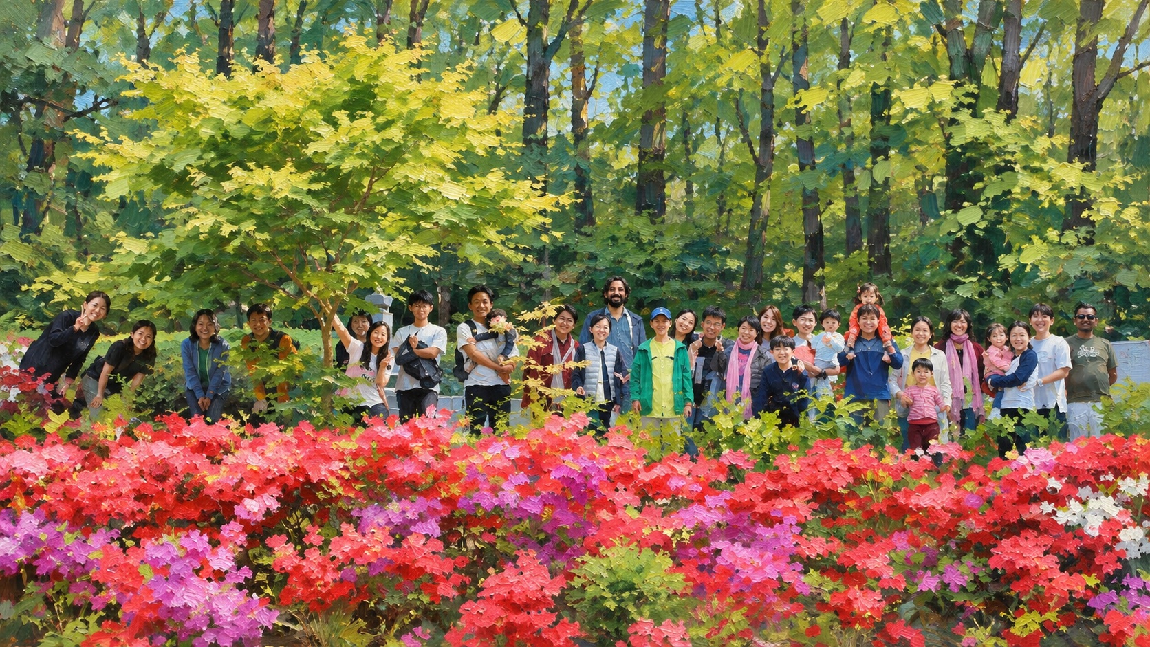 Painting of about thirty people of all ages, some with small children on their hips or shoulders, standing together behind a bank of red and pink azaleas in a sunlit spring wood.