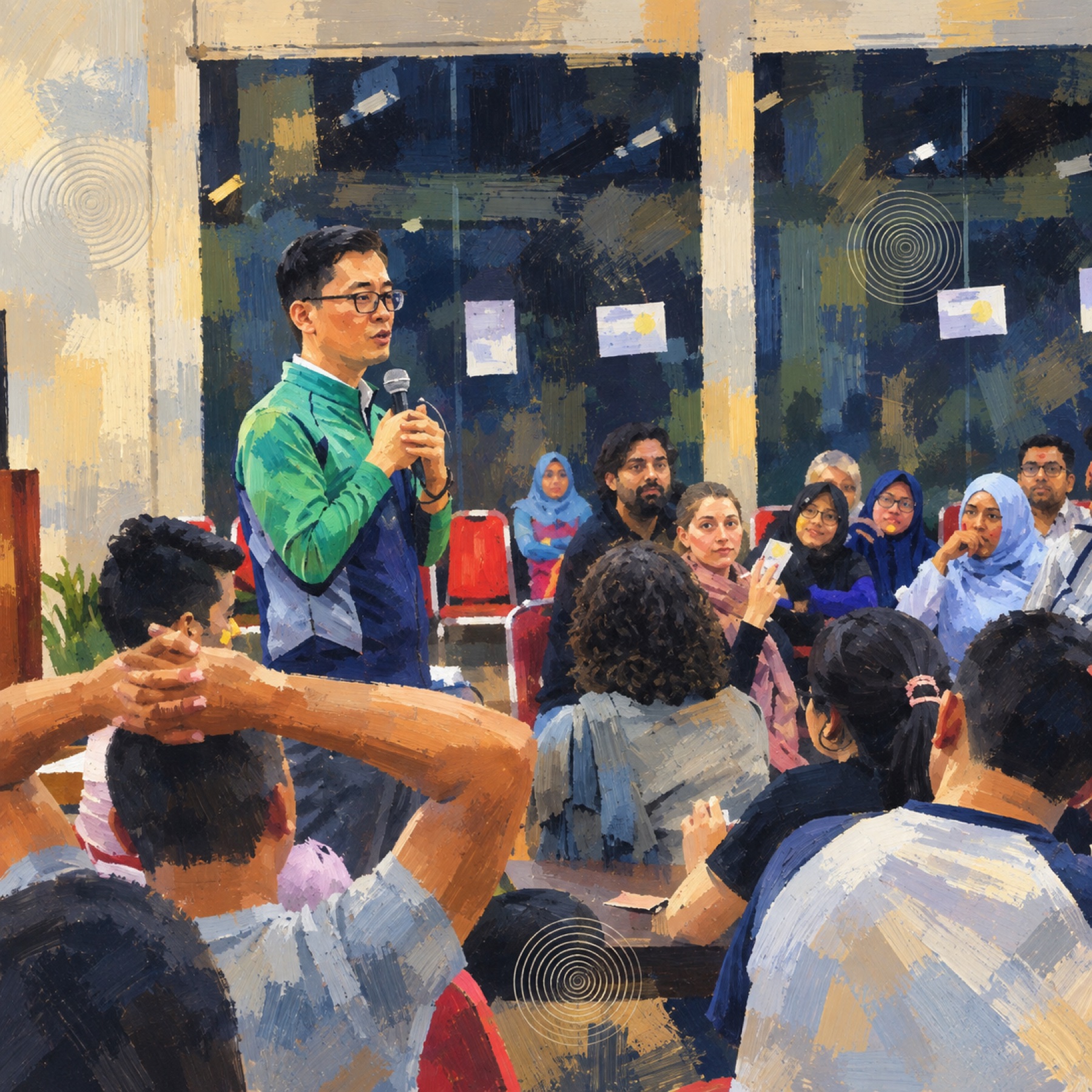 Painting of a man in glasses and a green jacket speaking into a microphone to a seated audience, with dark windows and pinned notes behind him.