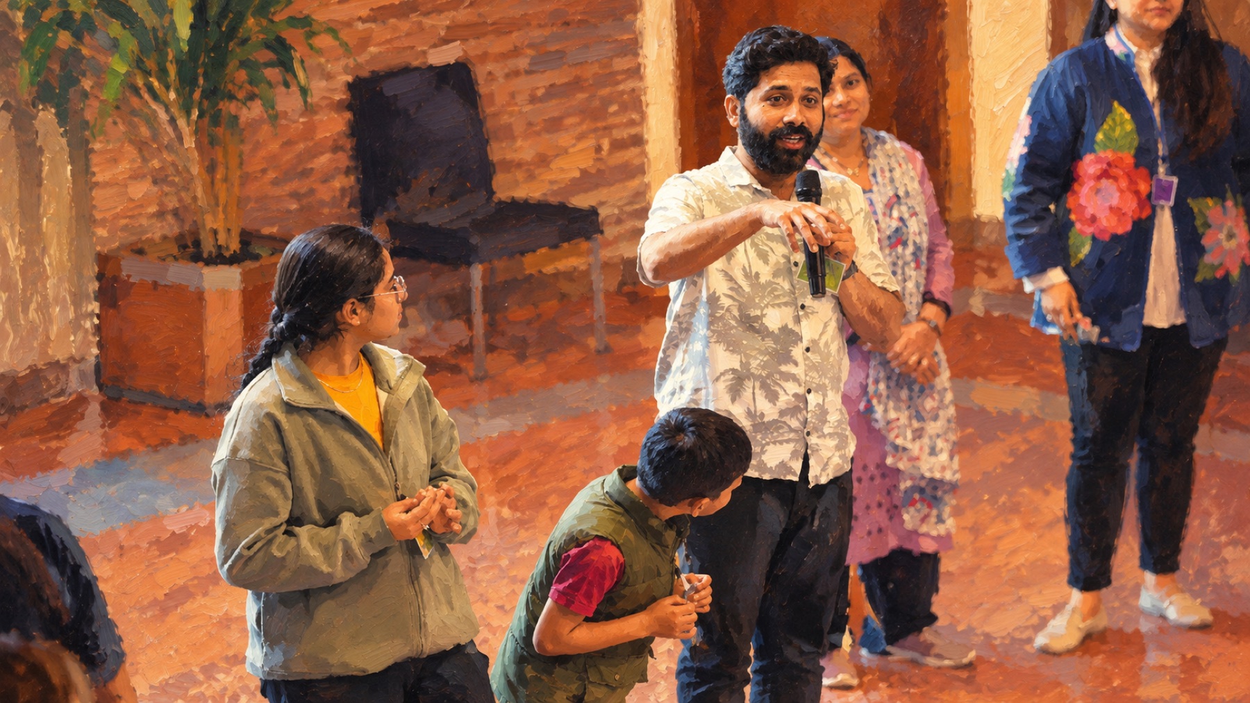 Painting of a bearded man speaking into a microphone to a small group indoors; a girl in a grey jacket and a boy in an olive vest listen beside him.